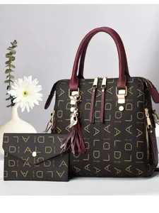 Brown printed large tote bag set with red handles and matching long wallet for women