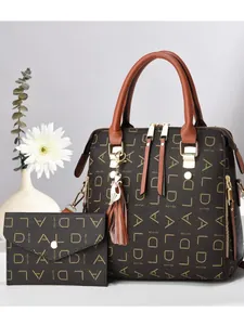 Brown monogram tote bag set with matching pouch and cat tassel charm for women