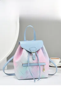 Floral gradient faux leather backpack with drawstring closure and metal charm details