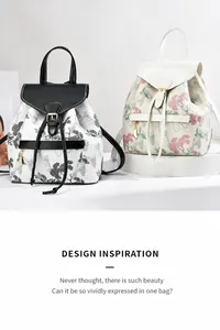 Close-up detail of drawstring bucket backpacks with floral prints and PU leather flaps