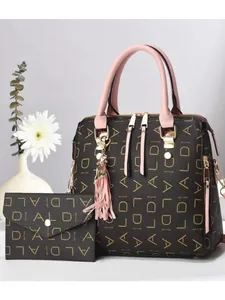 Brown monogram large tote and pink envelope wallet set with gold ALDIAL print