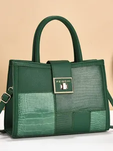 Fashion Women Patchwork Tote Bag Large Capacity PU Leather Handbag With Crocodile Texture Metal Lock Shoulder Crossbody Bag