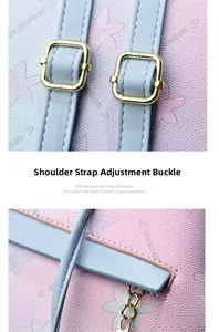 Detail view of adjustable golden buckles and blue leather texture on a floral backpack
