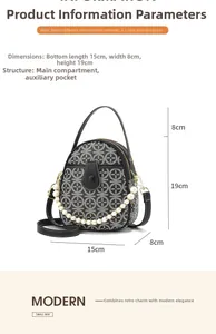 Detailansicht der kleinen runden Handtasche mit Maßen 15cm x 8cm x 19cm und Perlengriff