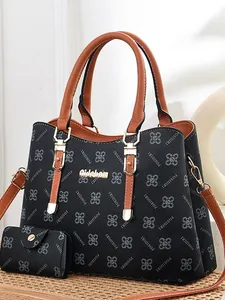 Women Fashion PU Leather Handbag Set Monogram Printed Tote Bag And Small Pouch Large Capacity Shoulder Bag For Daily Use