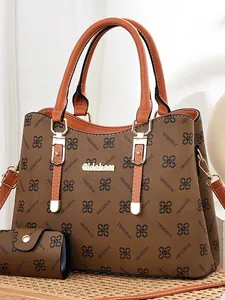 Contrast color large capacity tote bag set with floral print and shoulder strap