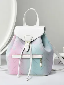 Floral print gradient pastel backpack with white PU leather straps and gold buckle