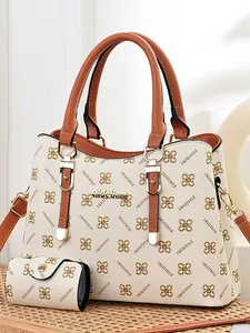 Contrast color large tote bag set with FOSIDIRI print and detachable small pouch