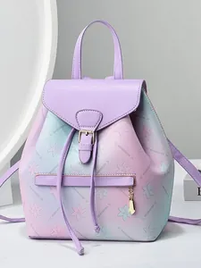 Floral print gradient purple student backpack with large capacity and drawstring closure