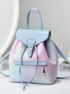 Floral printed mini backpack for women in gradient pastel colors with flap closure