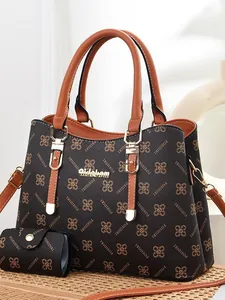 Brown monogram tote bag set with floral print and detachable small purse, 2-piece set