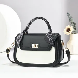 Women Handbag PU Leather Color Block Crossbody Shoulder Bag Paisley Scarf Wrapped Handle Elegant Fashion Purse For Daily