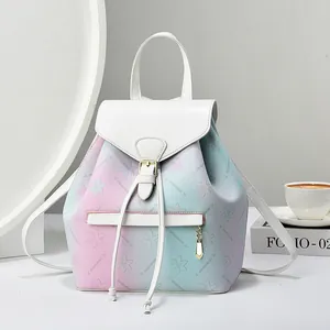 Rainbow gradient soft leather backpack for women with floral embossing and metal buckle