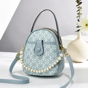 Women Vintage Round Shoulder Bag PU Leather Geometric Print Handbag Pearl Chain Decoration Double Zipper Crossbody Bag Elegant Trendy Ladies Tote Bag