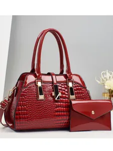 Red embossed patent leather 2-piece tote bag set with crocodile texture and gold hardware