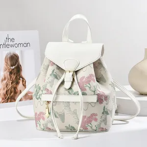 Women Fashion Backpack PU Leather Floral Jacquard Embroidery Drawstring Flap Closure Sweet Retro Travel Rucksack