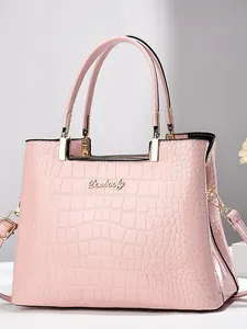 Bolso de mano rosa con relieve de cocodrilo, gran capacidad y herrajes dorados