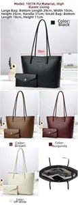 Detail view of large capacity PU leather tote bag set including inner pouch and zip pocket