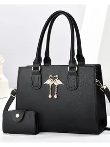 Conjunto de Bolso Tote de Cuero PU con Patrón de Lichi Decoración de Cisne Strass Borla de Perlas Artificiales Gran Capacidad Bolso de Hombro Cartera