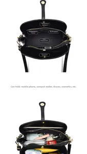 Vue détaillée de l'intérieur du sac en cuir noir avec compartiments et poches