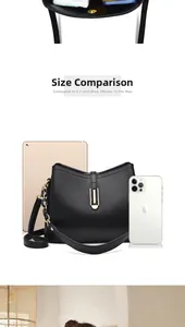 Détail du sac à main en cuir noir avec ferrures dorées et comparaison de taille iPad