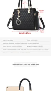 Detailed size chart for black quilted handbag with 25x12x20cm dimensions and gold hardware