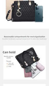 Detail view showing organized interior capacity for iPad and umbrella in a tote bag