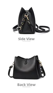 Détails du sac coquille en cuir noir montrant les vues de côté et de l'arrière du sac