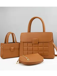 Three-piece brown tote bag set with grid stitching and gold hardware for women