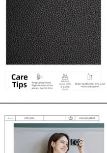 Detail view of black lychee leather texture with maintenance tips for small round bag