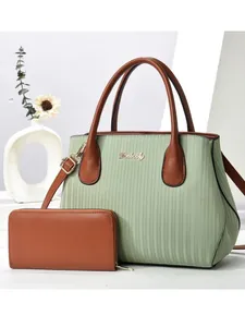 Fashionable green pleated tote bag and brown wallet set with premium leather straps