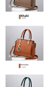 Detailed view of geometric embossed tote bags with metal charms and shoulder straps