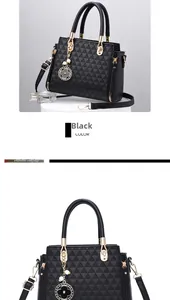 Detailed view of black textured handbag with geometric pattern and gold hardware accents