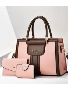 Ensemble de Sac à Main Fourre-tout pour Femme avec Portefeuille et Porte-cartes en Cuir PU Grain de Litchi Bloc de Couleur Grand Sac à Épaule pour le Quotidien