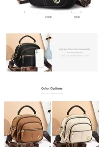 Detail view of leather shoulder bag dimensions with color options and phone comparison