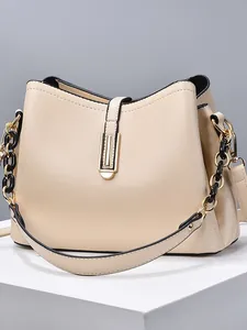 Sac Seau pour Femmes en Cuir PU Minimaliste Grain Litchi Boucle en Métal Doré Chaîne Sac Bandoulière Sac à Main Décontracté Quotidien