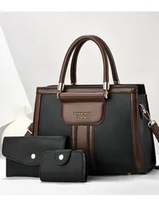 Ensemble de trois sacs cabas pour femme en similicuir bicolore noir et marron texturé