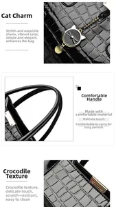 Close-up of black glossy crocodile pattern texture and golden cat charm on handbag