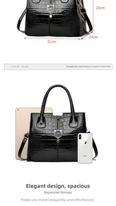 Black faux crocodile leather tote bag 31cm size comparison with iPad and phone