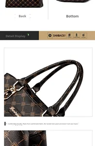 Macro shot of black handles, gold hardware and the bottom view of floral pattern bag