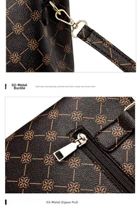 Detail of multi-layer plated gold metal zipper and hardware on a floral monogram handbag