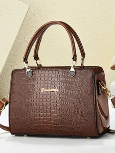 Women's 2026 Large Capacity Crocodile Pattern Patent Leather Tote Handbag Business Commuting Shoulder Bag With Heart Decor