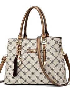 Women Retro PU Leather Tote Bag Large Capacity Floral Monogram Print Shoulder Crossbody Handbag With Cat Pendant Tassel Office Bag