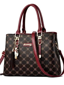 Classic large shoulder bag with brown clover print and red trim for women