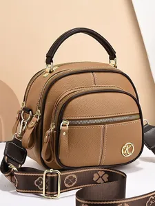 Brown lychee texture multi-pocket shoulder bag with gold hardware and wide strap