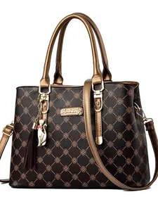Vintage floral printed brown crossbody bag with top handles and tassel charm detail