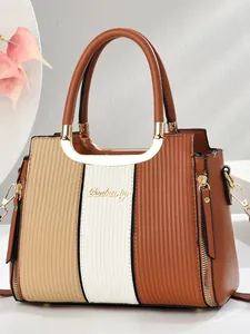 Women Fashion Patchwork PU Leather Handbag Large Capacity Color Block Shoulder Crossbody Bag With Golden Hardware Top Handle Bag