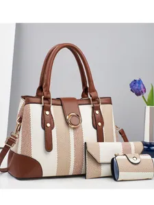 Three-piece tote bag set with striped canvas and brown leather trim for women