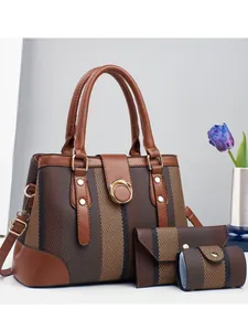 Three-piece set of brown striped tote, wallet, and cylinder bag with gold hardware
