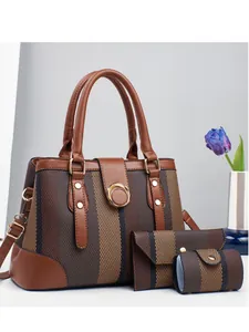 Brown striped three-piece handbag set including tote bag, wallet and mini round pouch